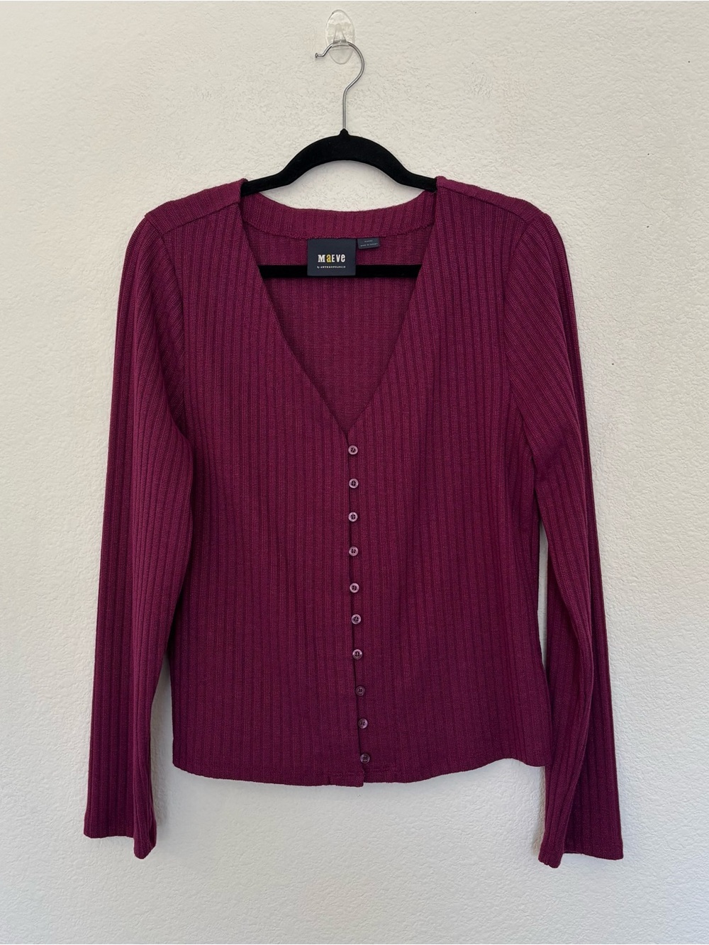 Anthropologie Maeve Meryl Ribbed V-Neck Sweater Magenta